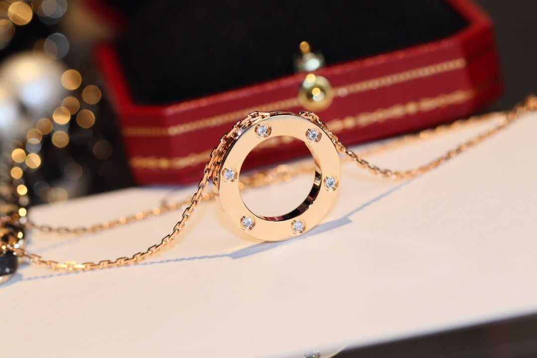 [⭐JeweliWhal]LOVE NECKLACE 16MM 6 DIAMONDS PINK GOLD
