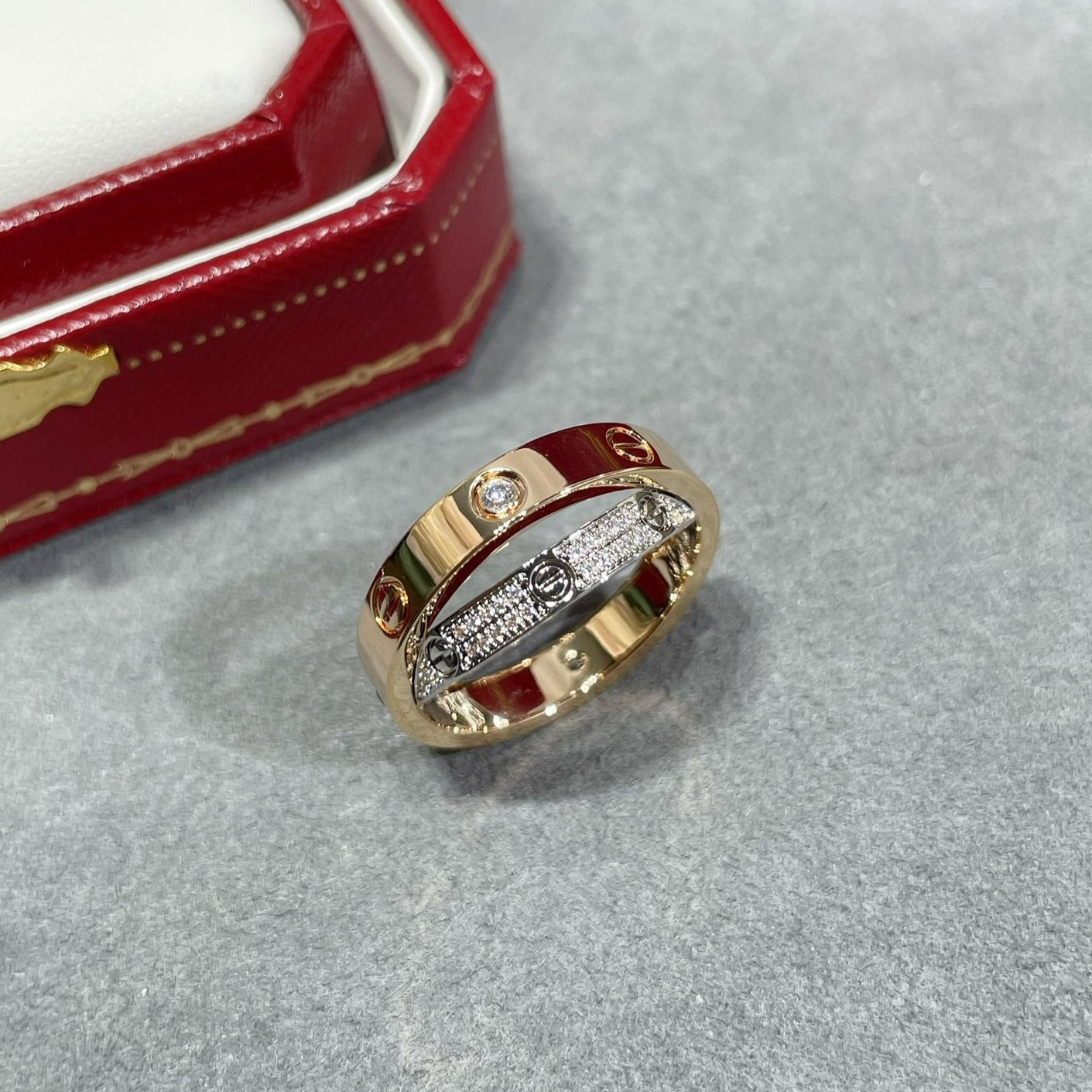 [⭐JeweliWhal]LOVE PINK GOLD SILVER DIAMOND DOUBLE RING