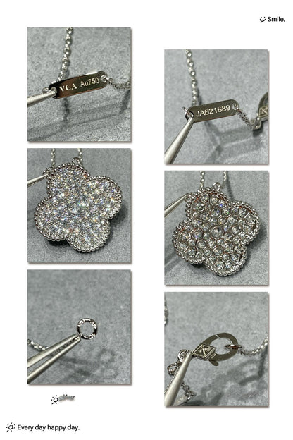 [⭐JeweliWhal]CLOVER 25MM LARGE PENDANT DIAMOND PAVED SILVER NECKLACE