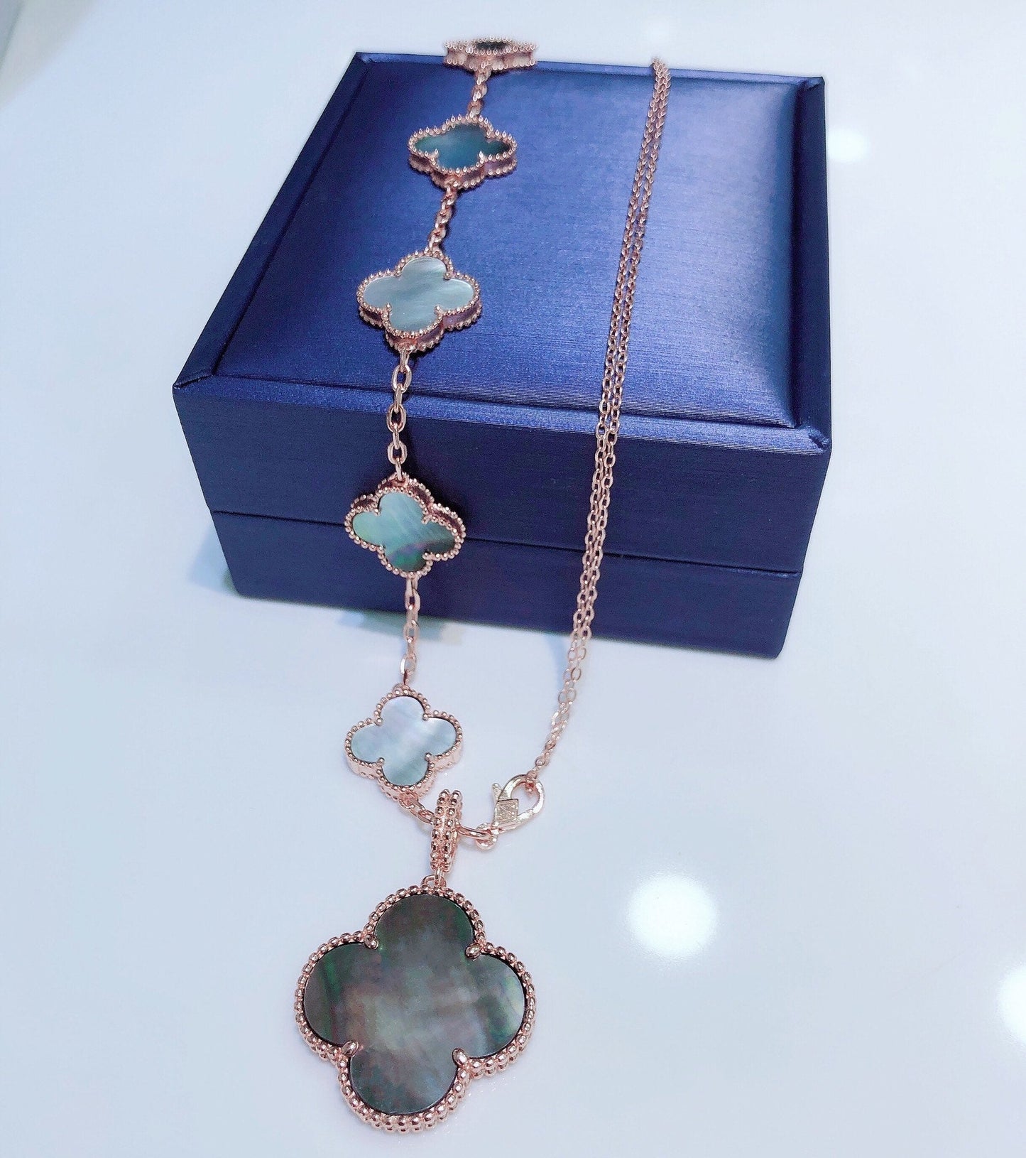 [⭐JeweliWhal]COMBINED BRACELET 5 MOTIFS AND NECKLACE DARK MOP ROSE GOLD