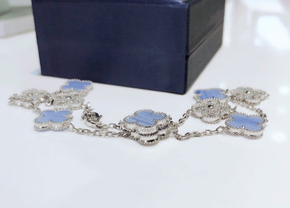 [⭐JeweliWhal]CLOVER 10 MOTIFS CHALCEDONY DIAMONDS SILVER NECKLACE